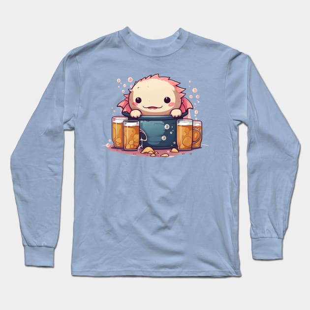 Cute axolotl drinking beer addict Long Sleeve T-Shirt by MilkyBerry